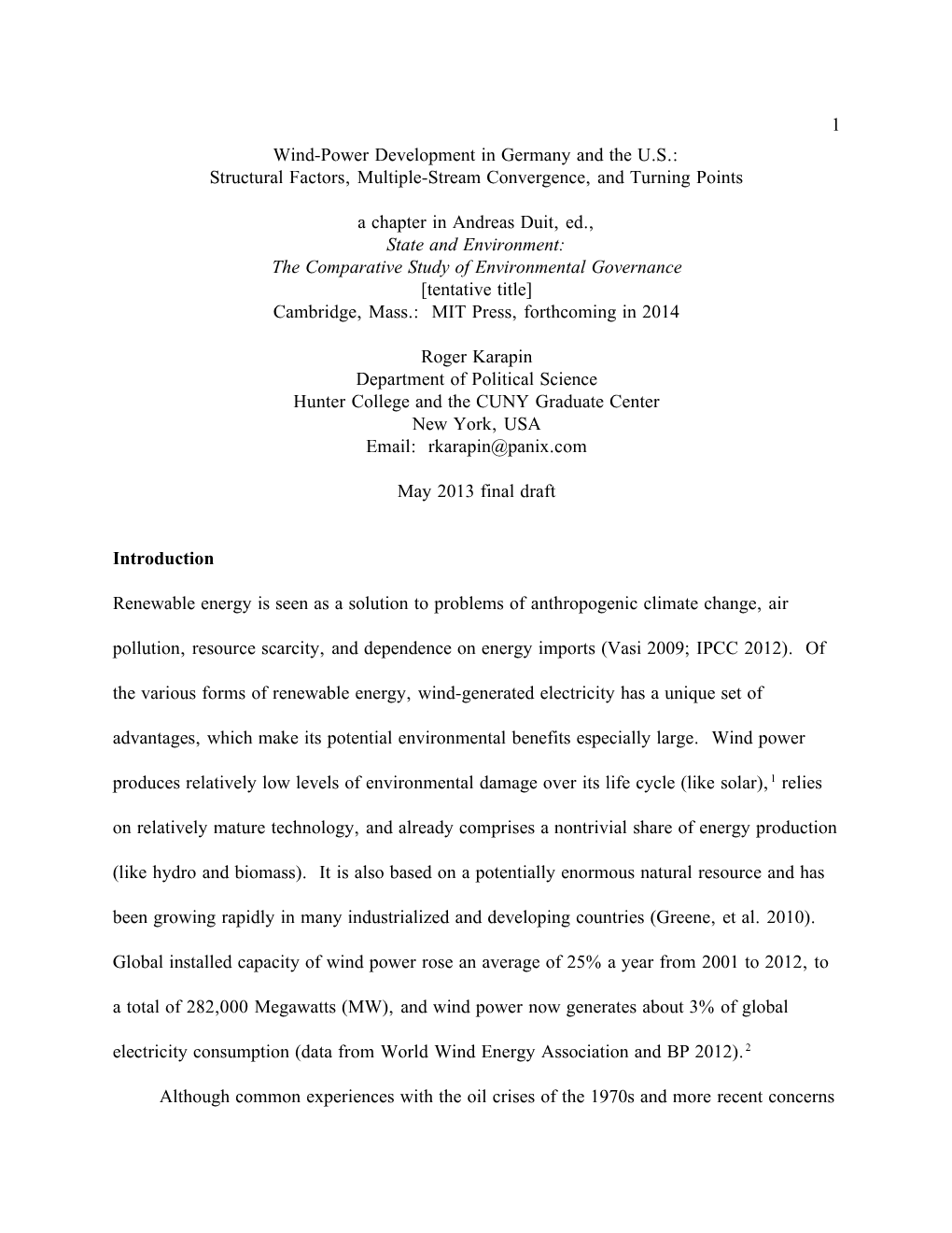 Wind-Power Development in Germany and the U.S.: Structural Factors, Multiple-Stream Convergence, and Turning Points