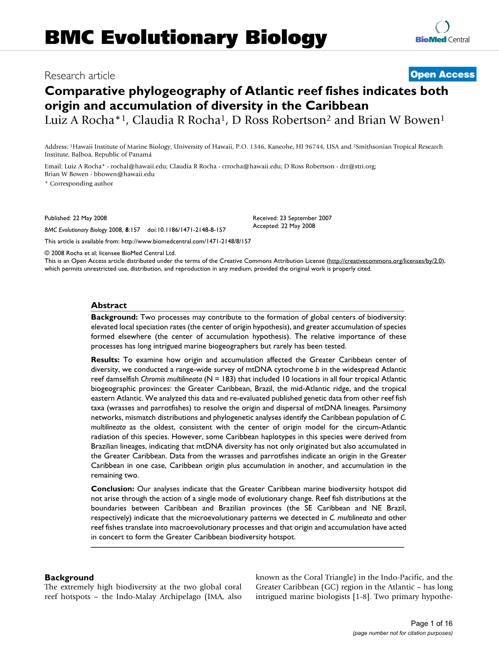 Comparative Phylogeography of Atlantic Reef Fishes Indicates Both