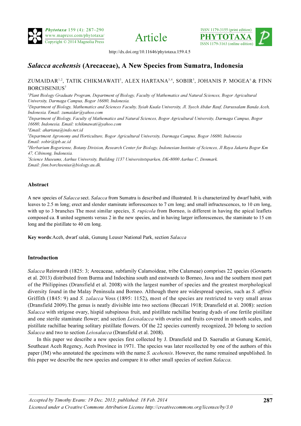 Salacca Acehensis (Arecaceae), a New Species from Sumatra, Indonesia