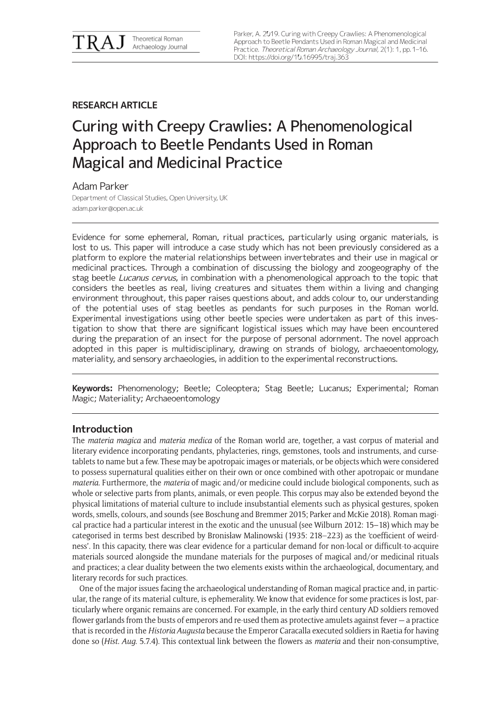 Curing with Creepy Crawlies: a Phenomenological Approach to Beetle Pendants Used in Roman Magical and Medicinal Practice