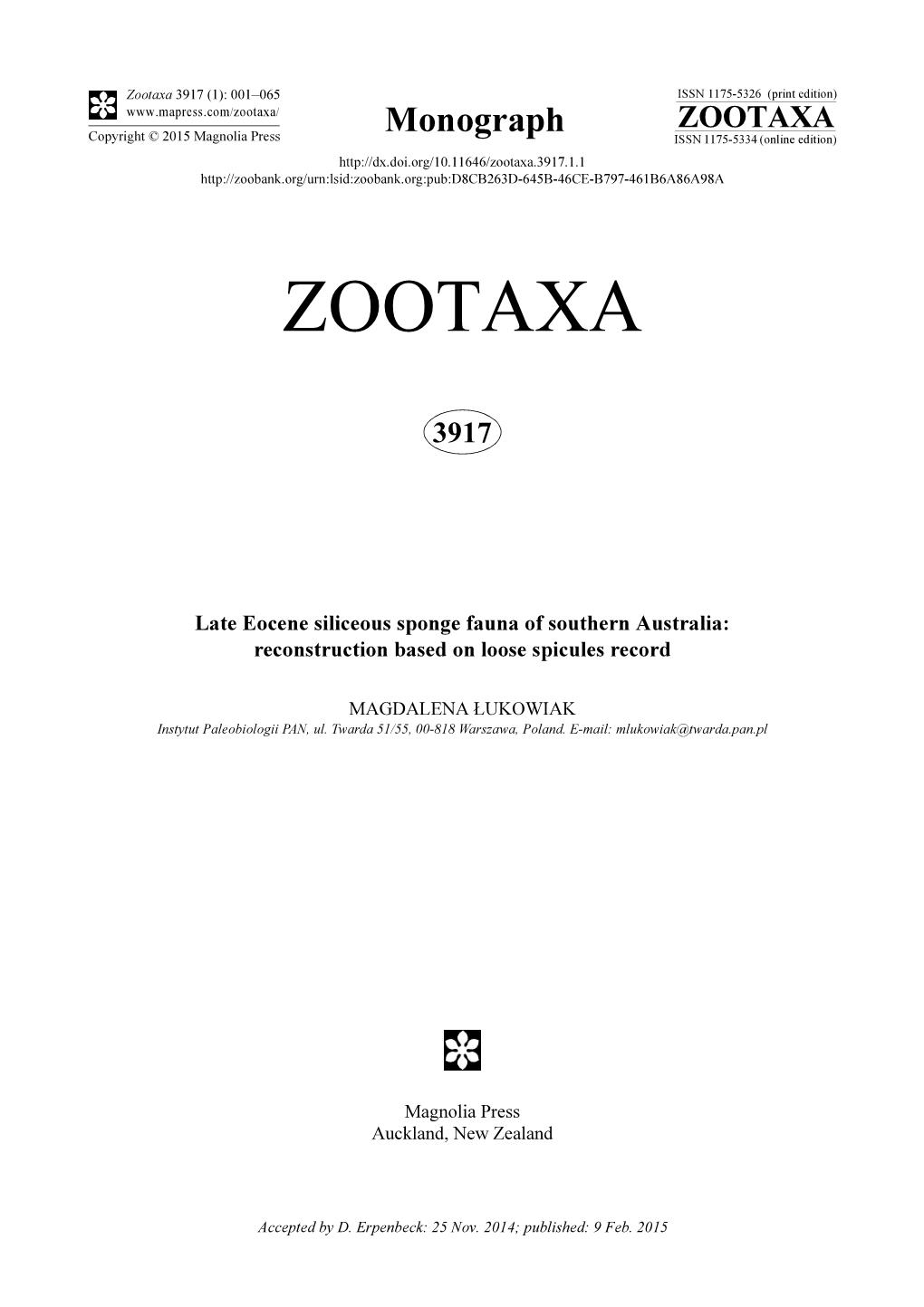 Late Eocene Siliceous Sponge Fauna of Southern Australia: Reconstruction Based on Loose Spicules Record