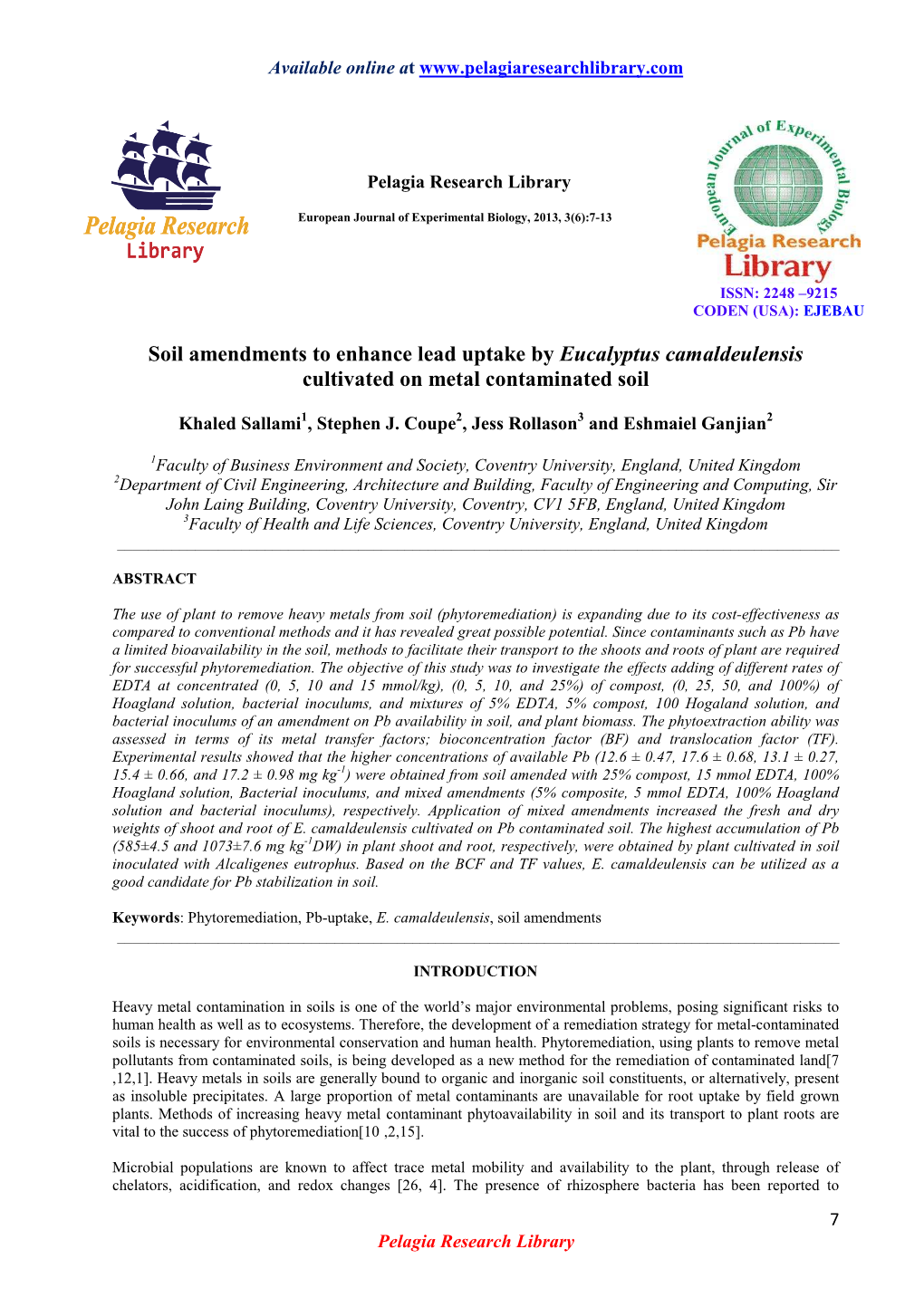 Soil Amendments to Enhance Lead Uptake by Eucalyptus Camaldeulensis Cultivated on Metal Contaminated Soil