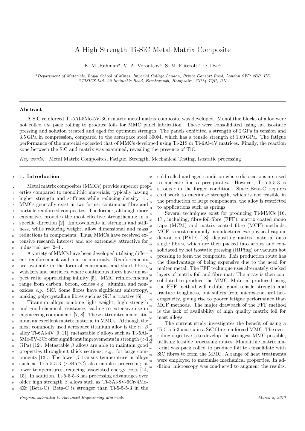 A High Strength Ti-Sic Metal Matrix Composite