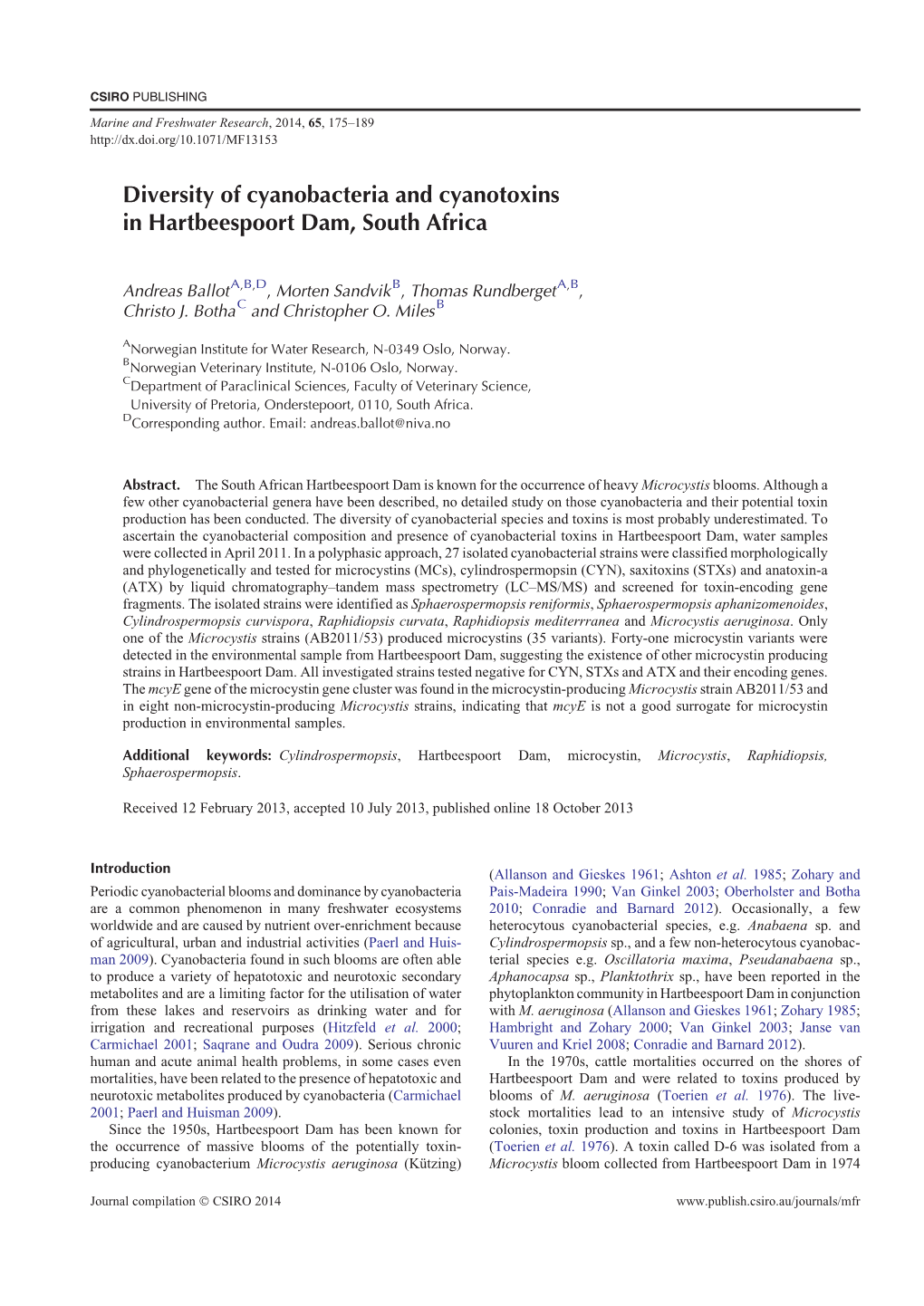 Diversity of Cyanobacteria and Cyanotoxins in Hartbeespoort Dam, South Africa