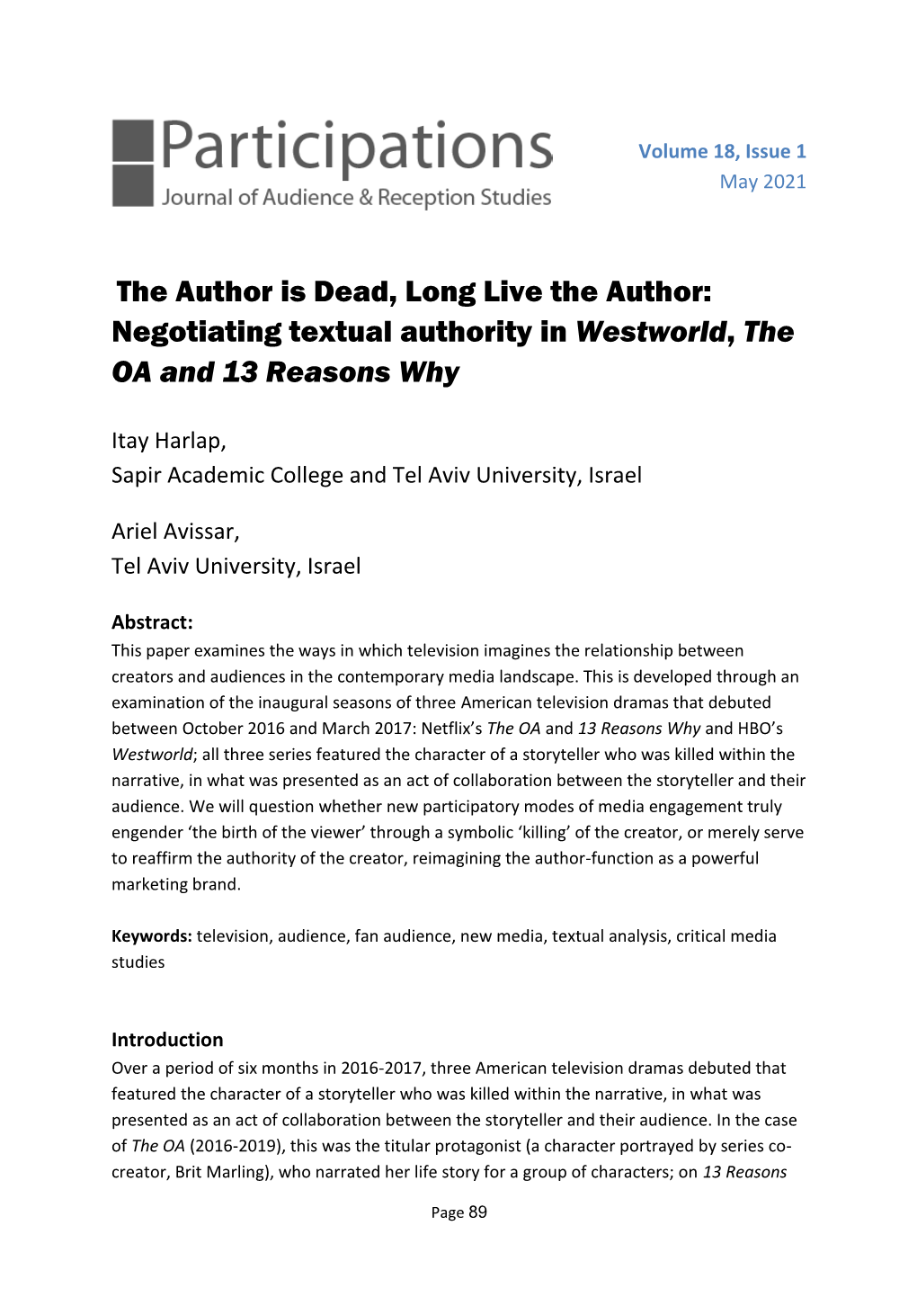 The Author Is Dead, Long Live the Author: Negotiating Textual Authority in Westworld, the OA and 13 Reasons Why