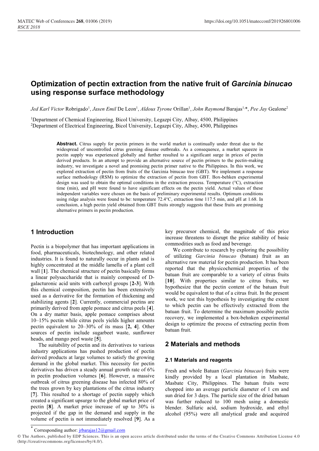 Optimization of Pectin Extraction from the Native Fruit of Garcinia Binucao Using Response Surface Methodology
