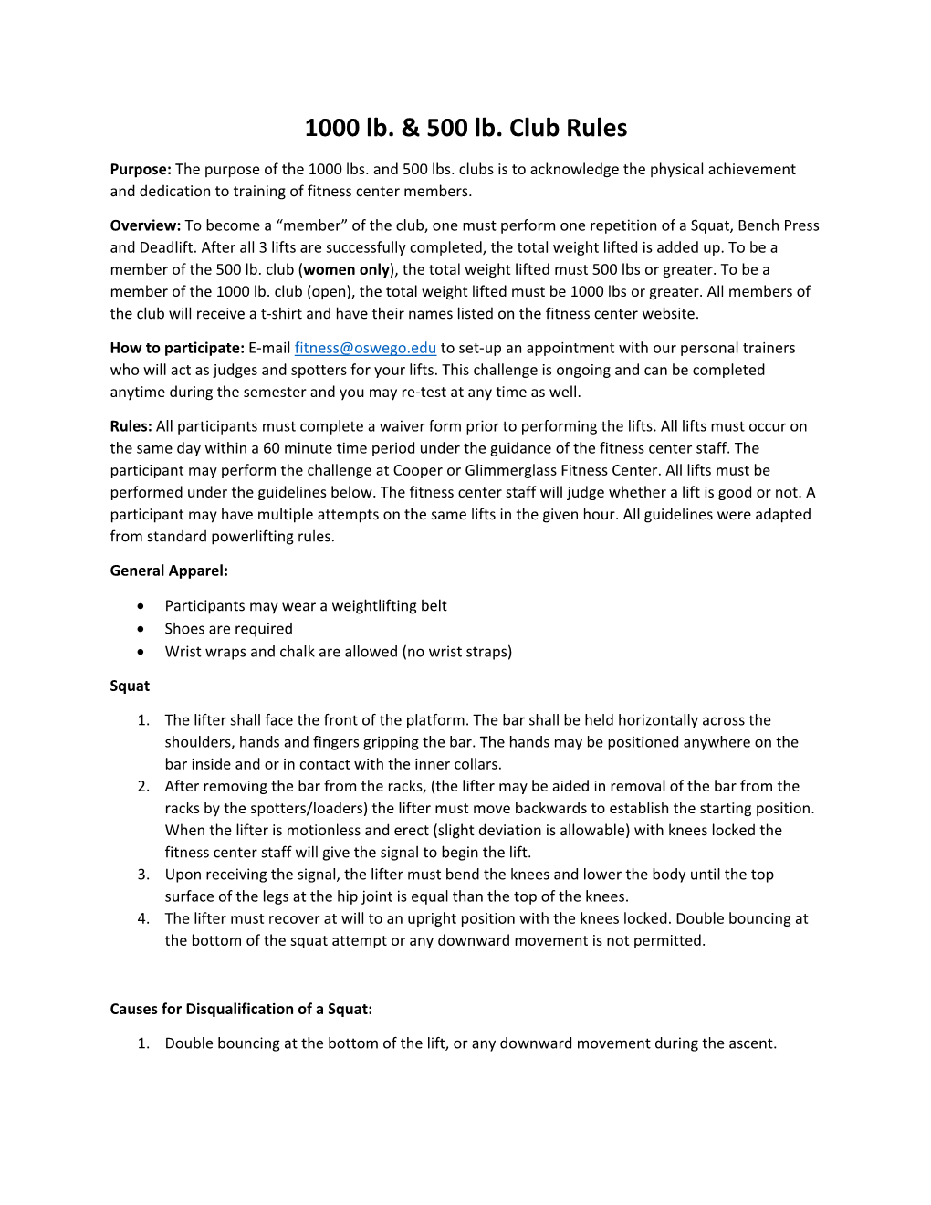 1000 Lb. & 500 Lb. Club Rules