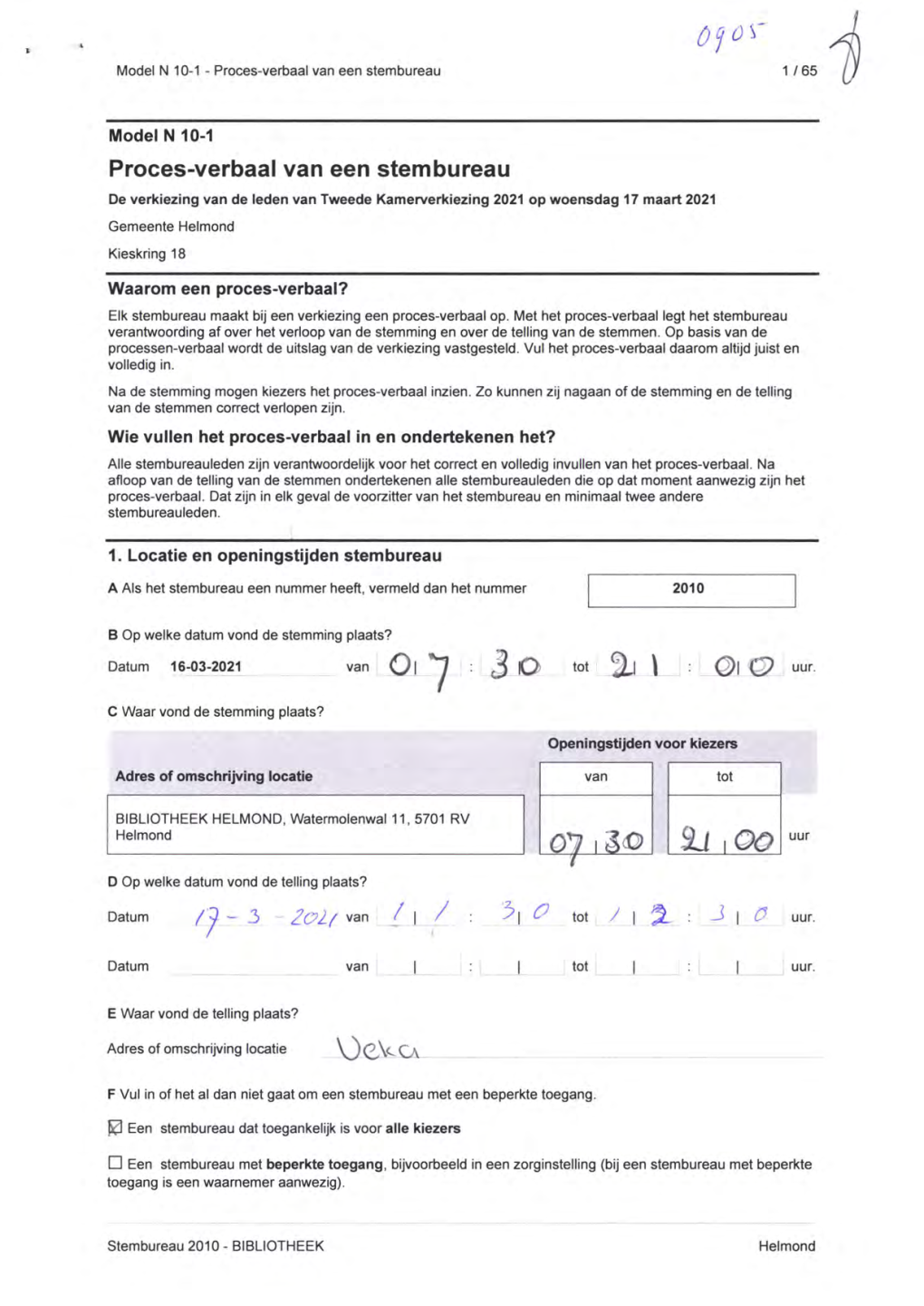 Proces-Verbaal Van Een Stembureau 1 / 65