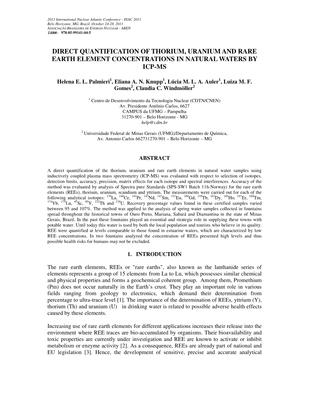 Direct Quantification of Thorium, Uranium and Rare Earth Element Concentrations in Natural Waters by Icp-Ms