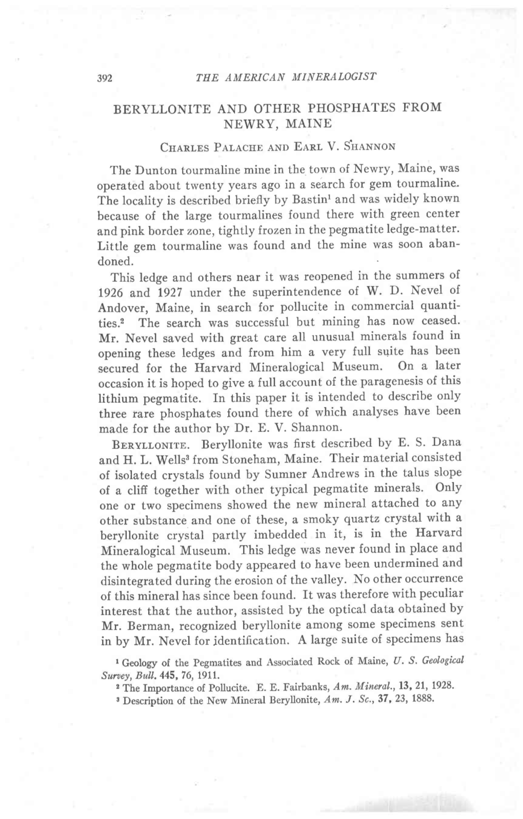 BERYLLONITE and OTHER PHOSPHATES from NEWRY, MAINE Cuanr,As Par-Acnn Anp Eenr V. Shennon the Dunton Tourmaline Mine in the Town