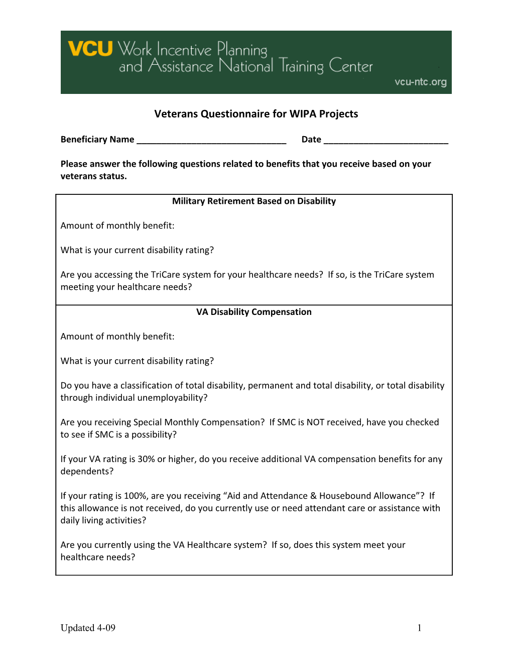 Veterans Questionnaire for WIPA Projects