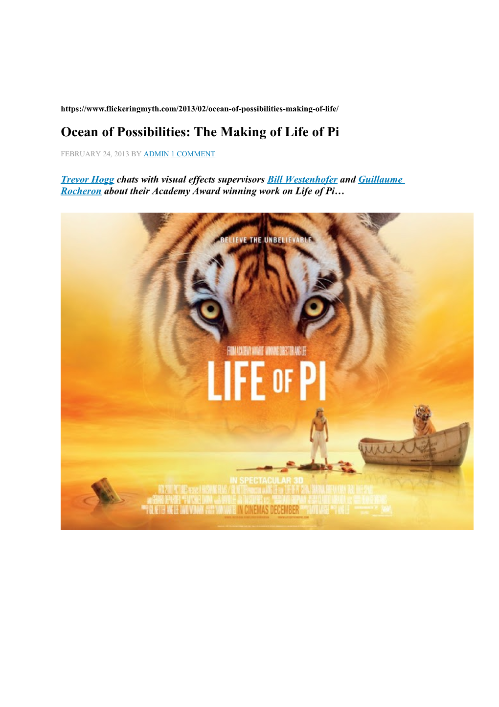 Ocean of Possibilities: the Making of Life of Pi