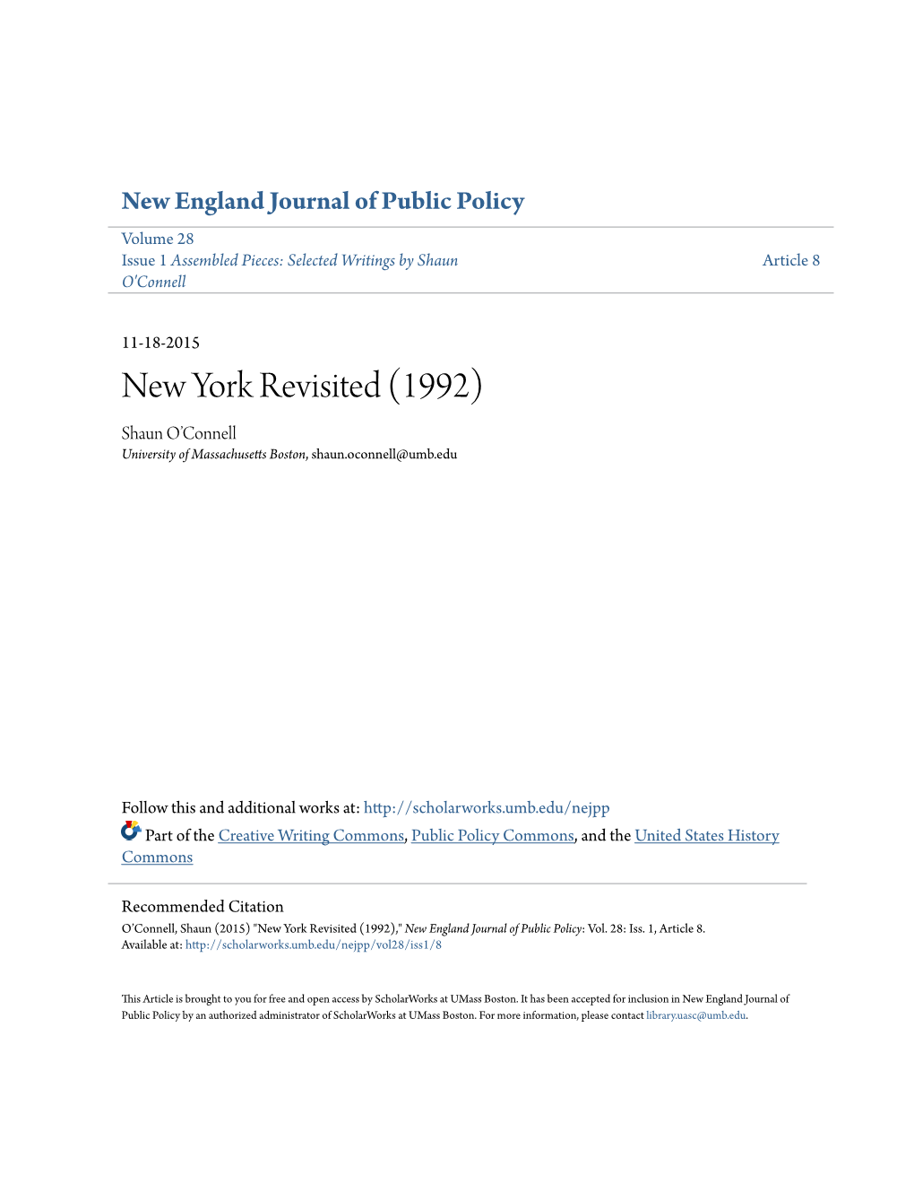 New York Revisited (1992) Shaun O’Connell University of Massachusetts Boston, Shaun.Oconnell@Umb.Edu