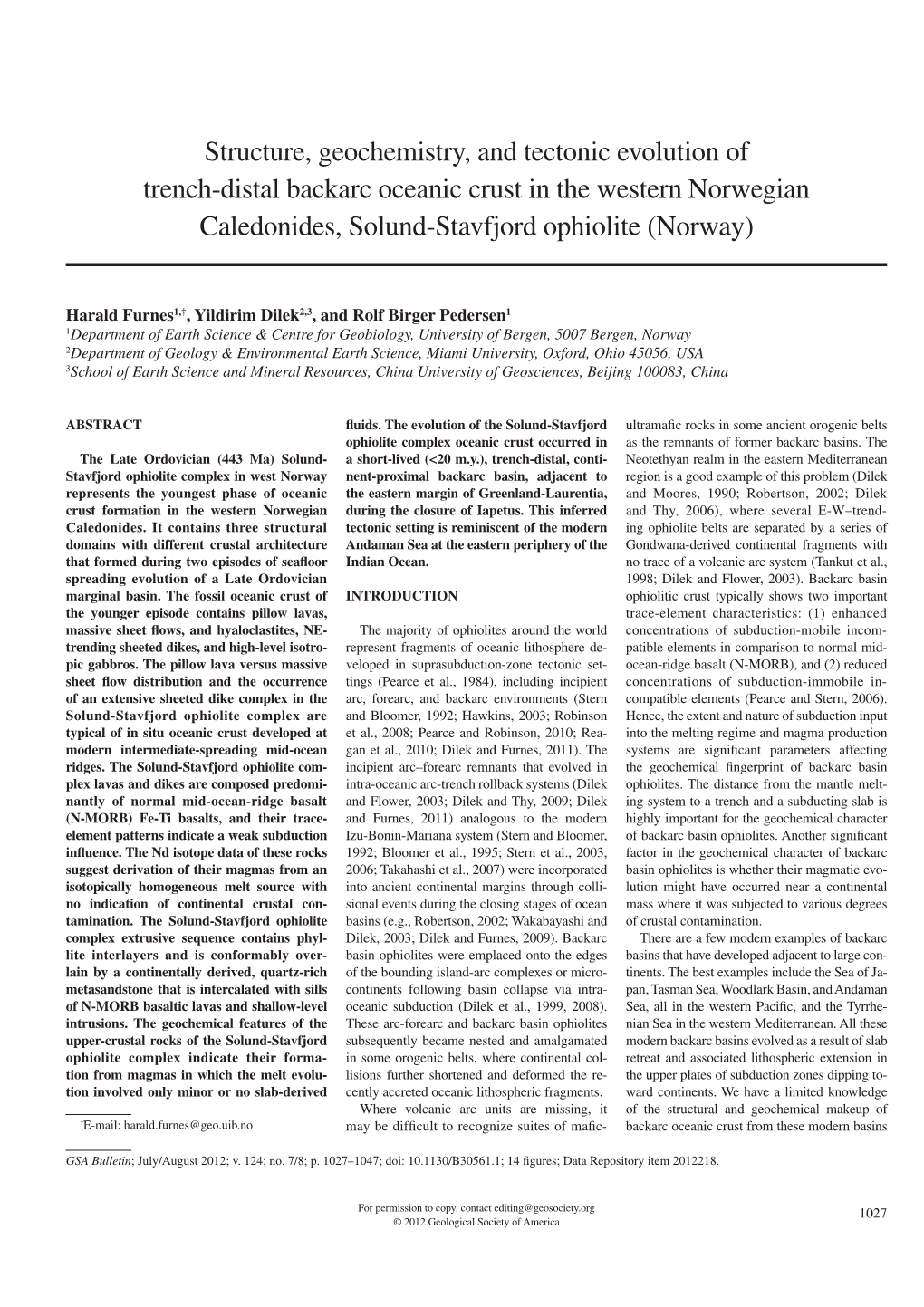 Structure, Geochemistry, and Tectonic Evolution of Trench-Distal Backarc Oceanic Crust in the Western Norwegian Caledonides, Solund-Stavfjord Ophiolite (Norway)