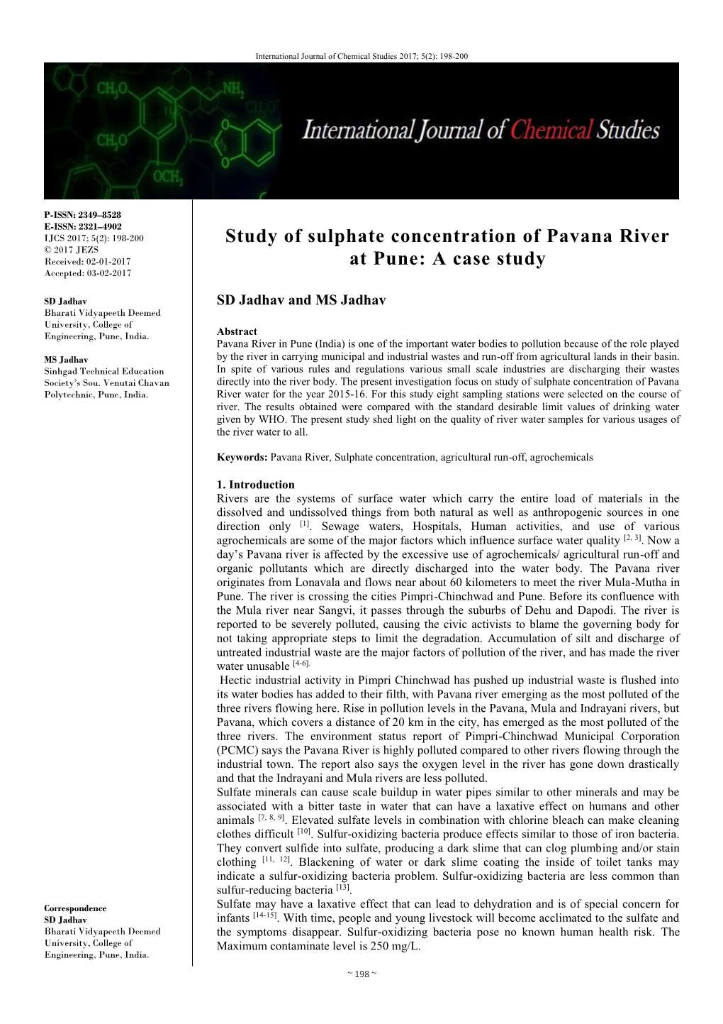 Study of Sulphate Concentration of Pavana River at Pune