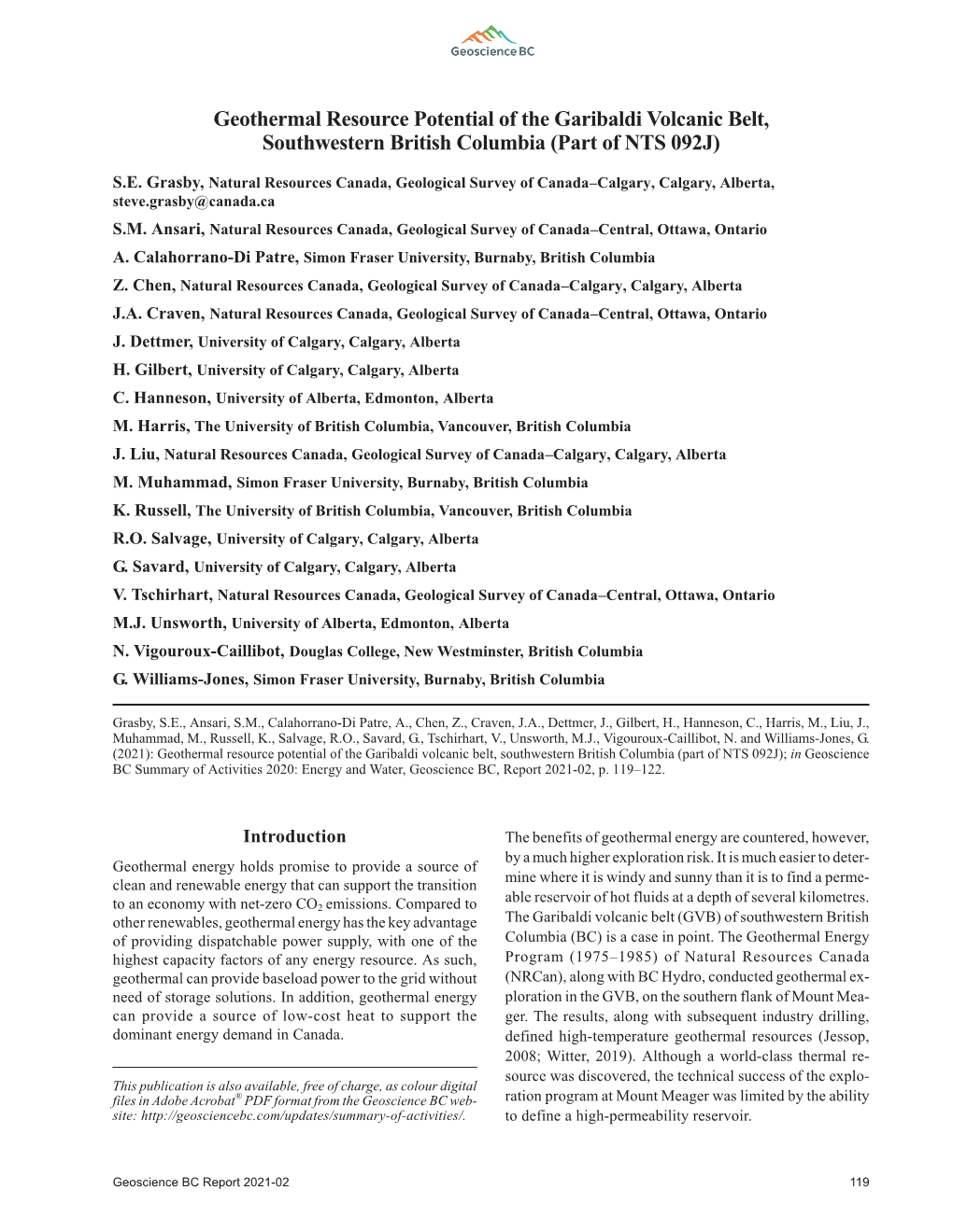 Geothermal Resource Potential of the Garibaldi Volcanic Belt, Southwestern British Columbia (Part of NTS 092J)