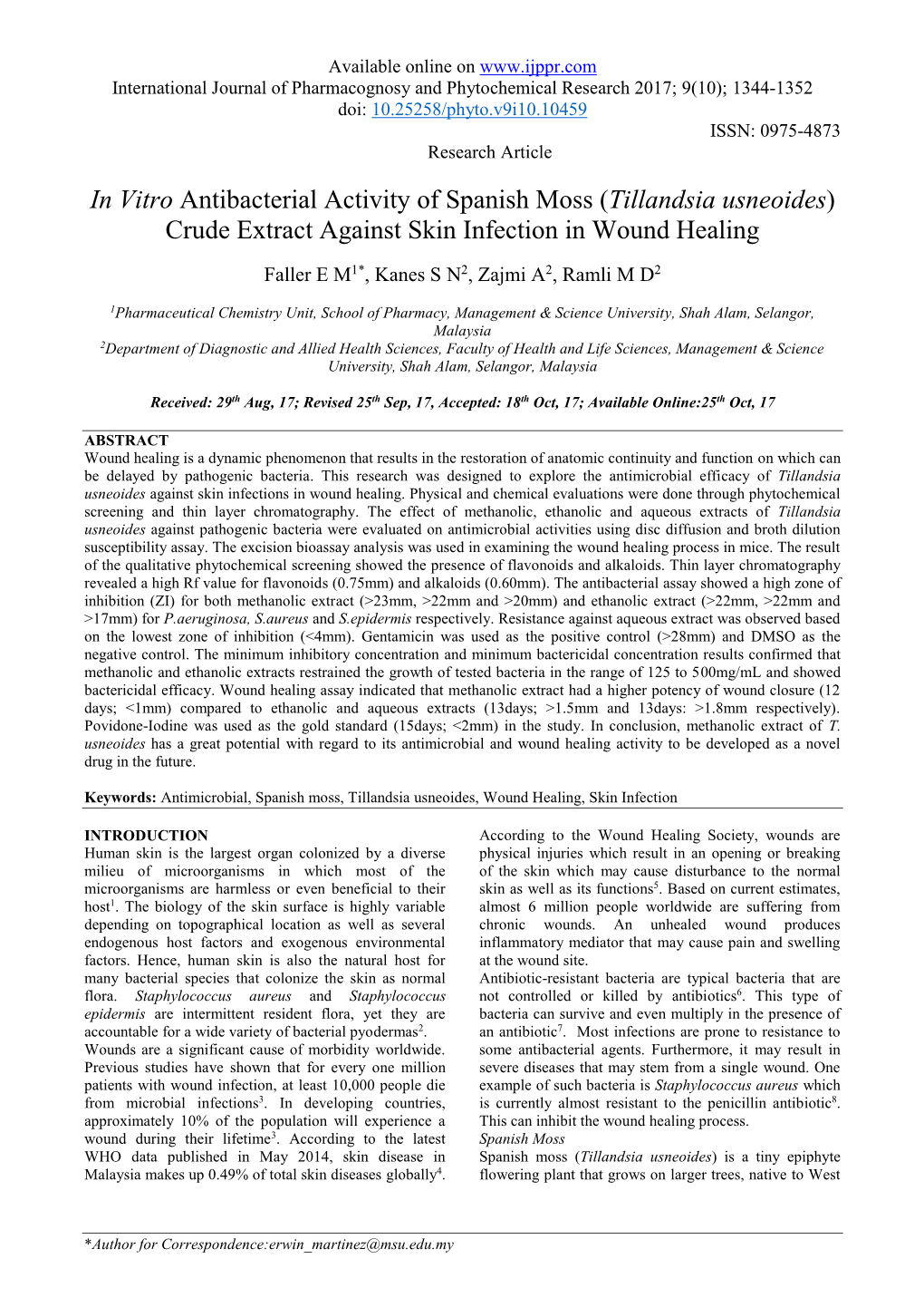 In Vitro Antibacterial Activity of Spanish Moss (Tillandsia Usneoides) Crude Extract Against Skin Infection in Wound Healing