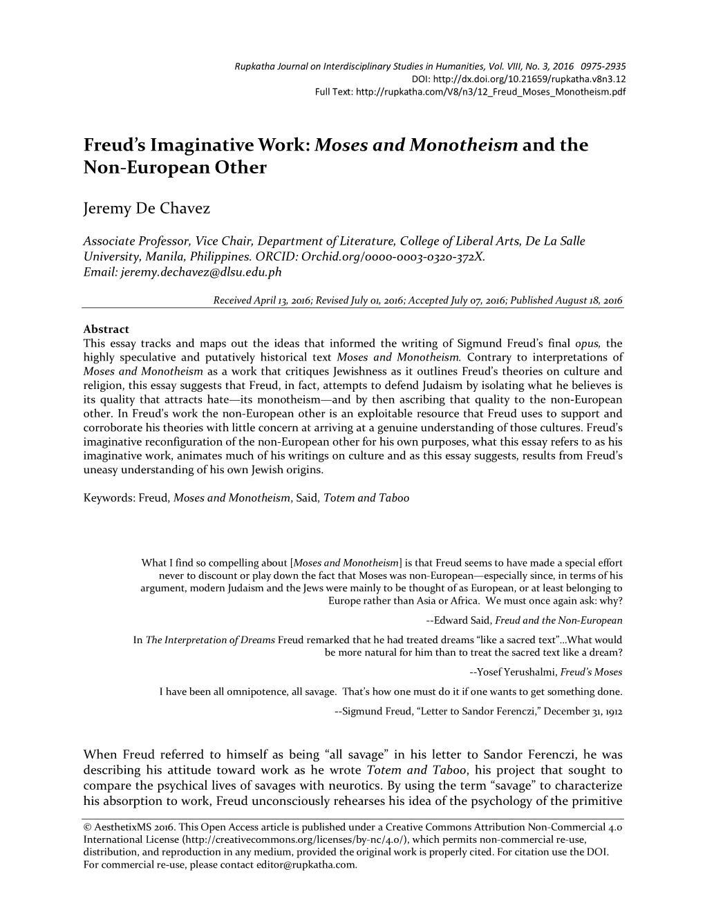 Moses and Monotheism and the Non-European Other