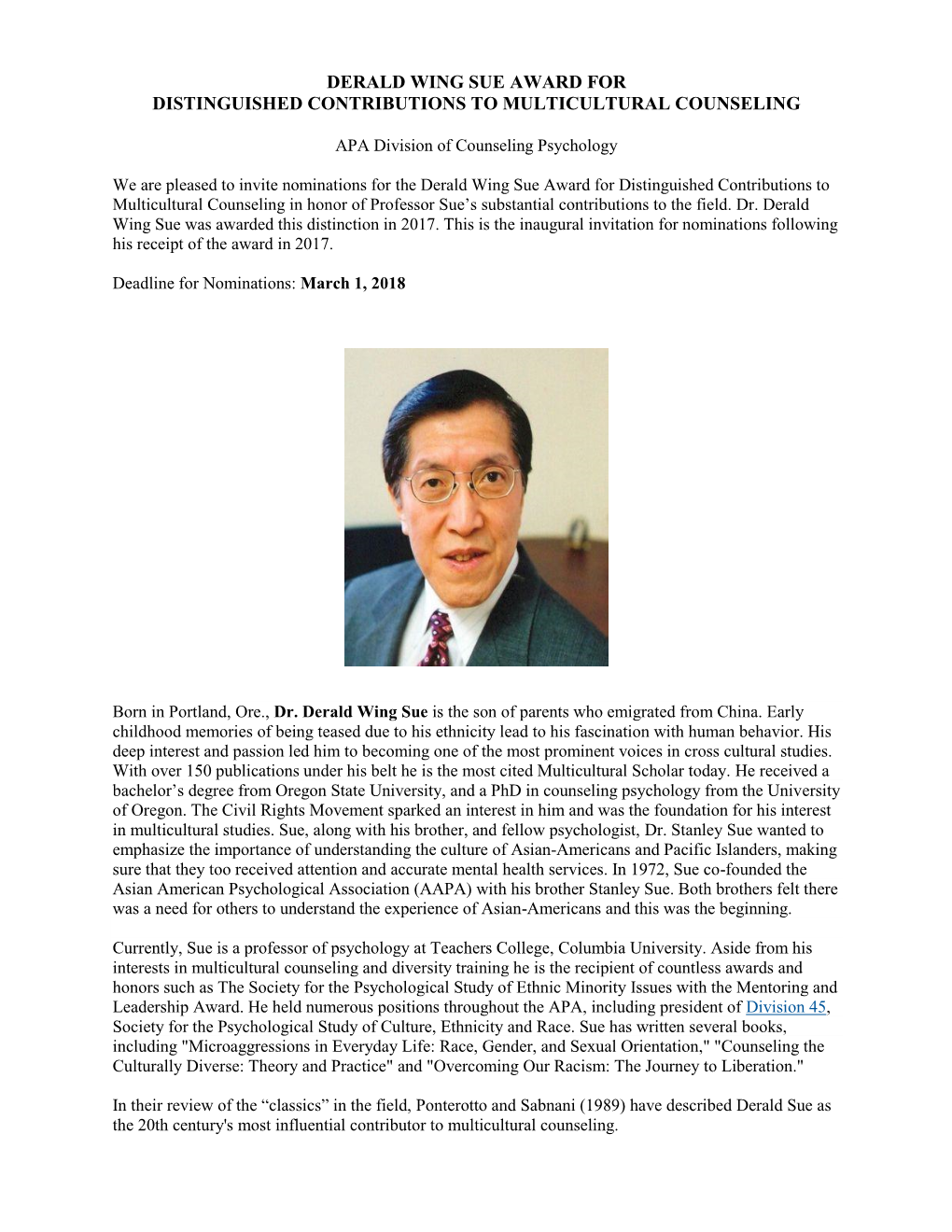 Derald Wing Sue Award for Distinguished Contributions to Multicultural Counseling