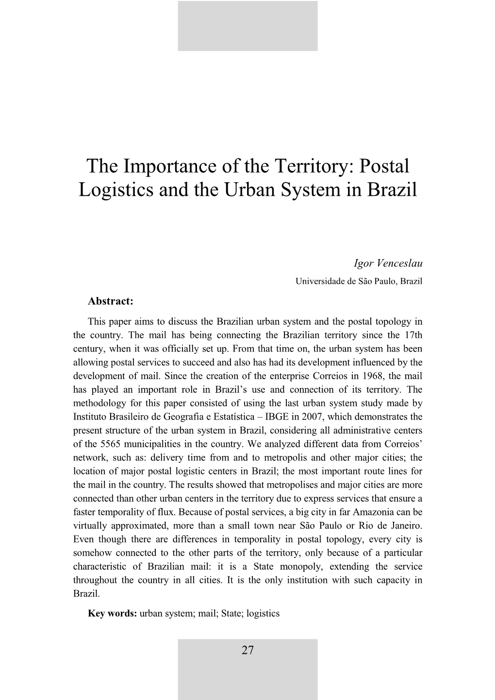 Postal Logistics and the Urban System in Brazil