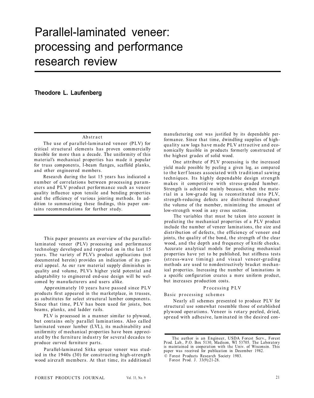 Parallel-Laminated Veneer: Processing and Performance Research Review