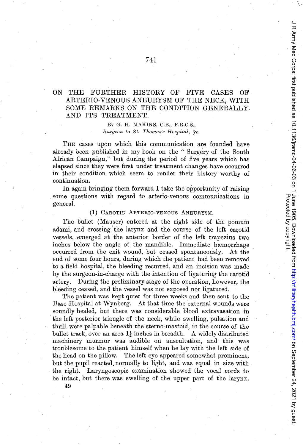 On the Further History of Five Cases of Arterio-Venous Aneurysm of the Neck, with Some Remarks on the Condition Generally, and Its Treatment