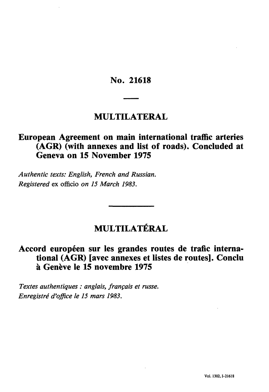 Agreement on Main International Traffic Arteries (AGR) (With Annexes and List of Roads)