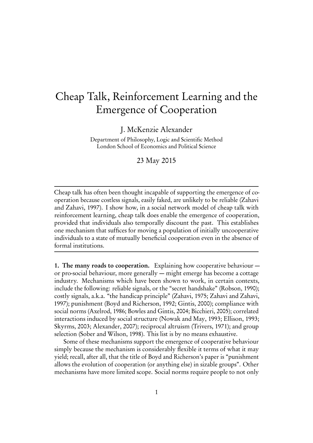 Cheap Talk, Reinforcement Learning and the Emergence of Cooperation
