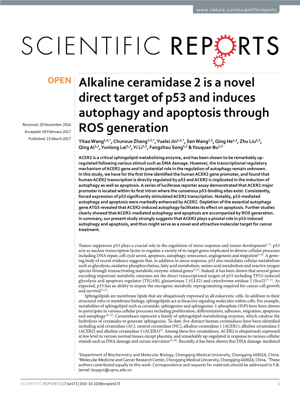 Alkaline Ceramidase 2 Is a Novel Direct Target of P53 and Induces Autophagy and Apoptosis Through ROS Generation