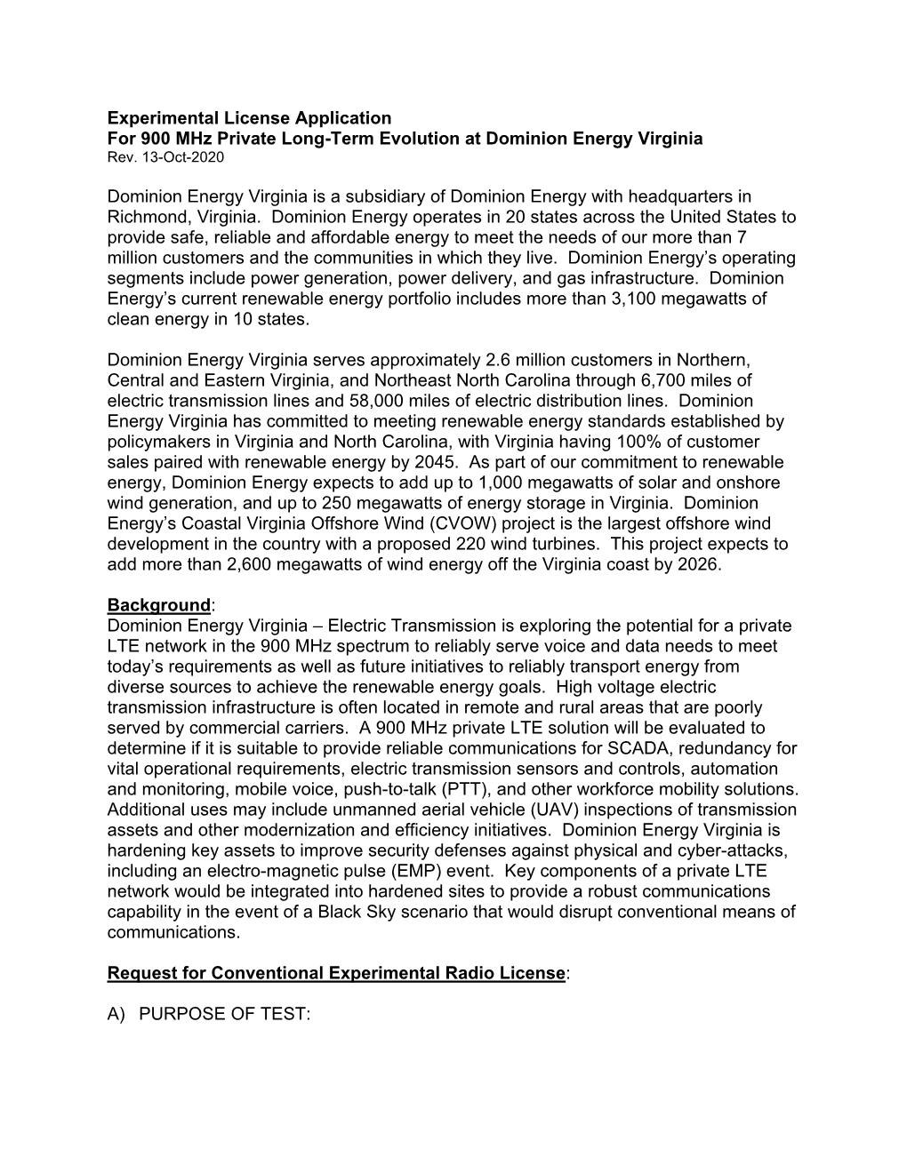 Experimental License Application for 900 Mhz Private Long-Term Evolution at Dominion Energy Virginia Rev