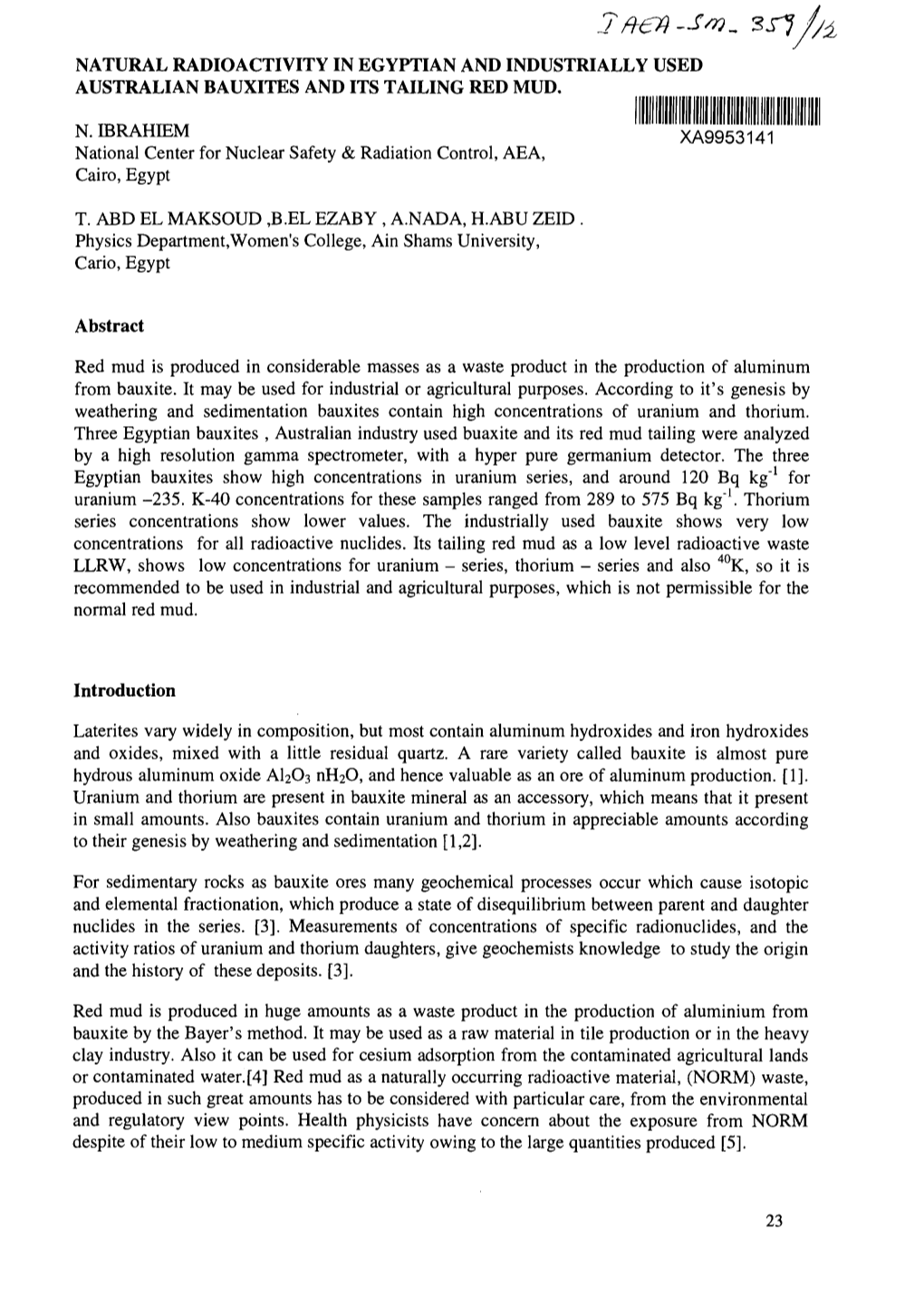 Natural Radioactivity in Egyptian and Industrially Used Australian Bauxites and Its Tailing Red Mud