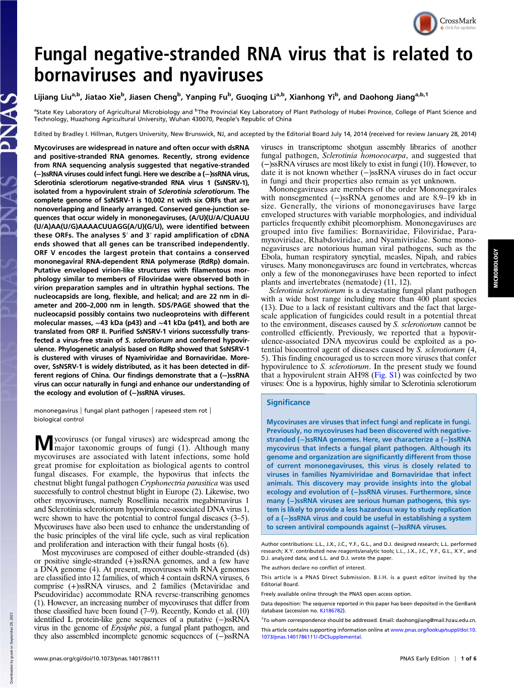 Fungal Negative-Stranded RNA Virus That Is Related to Bornaviruses and Nyaviruses