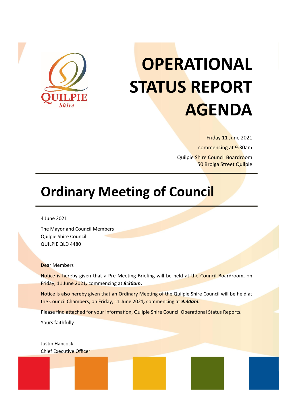 Status Reports Agenda – Ordinary Meeting of Council