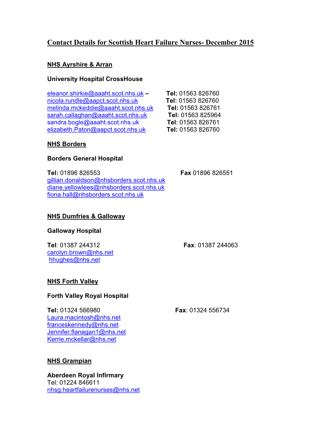 Contact Details for Scottish Heart Failure Nurses-2015