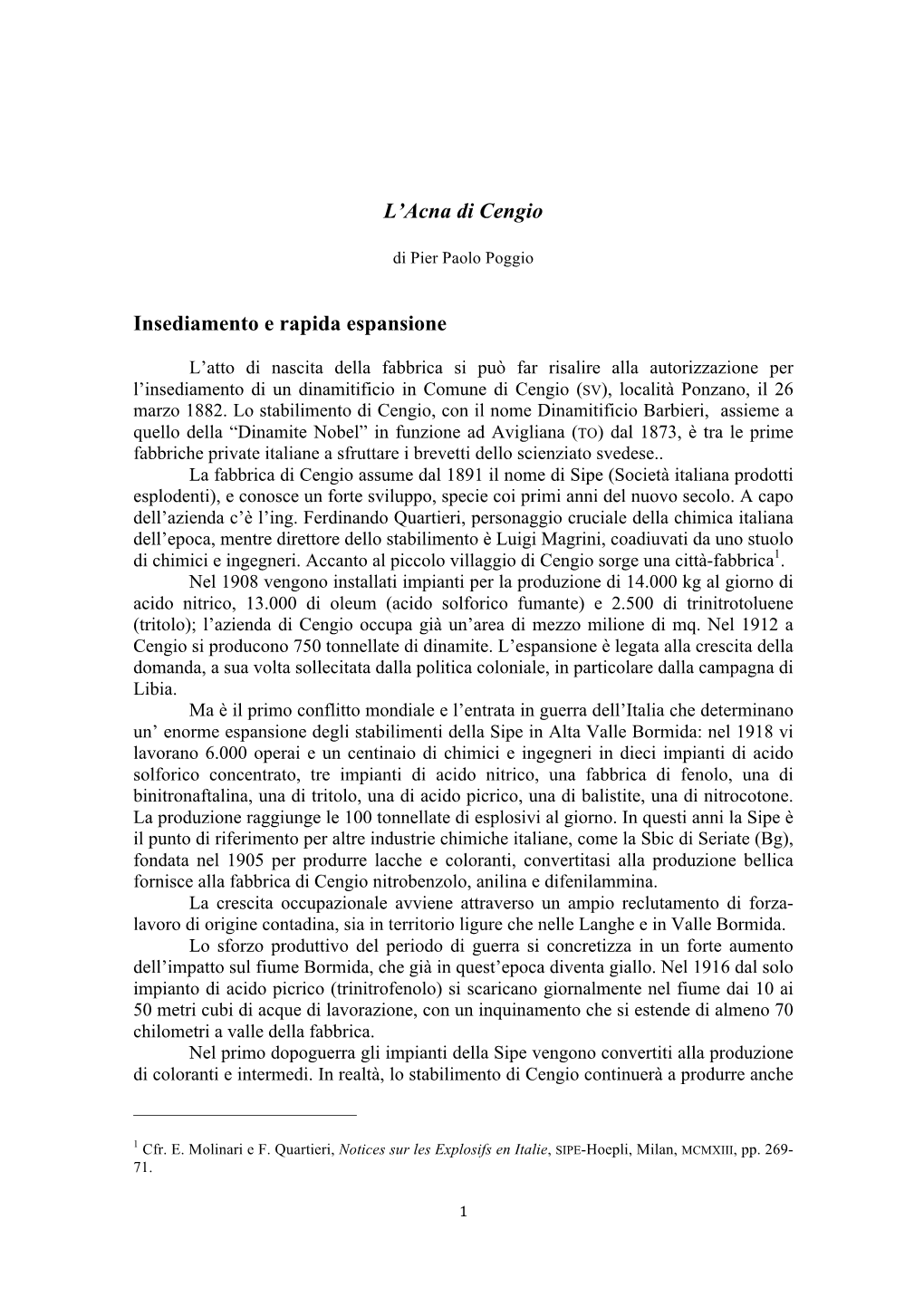 L'acna Di Cengio Insediamento E Rapida Espansione