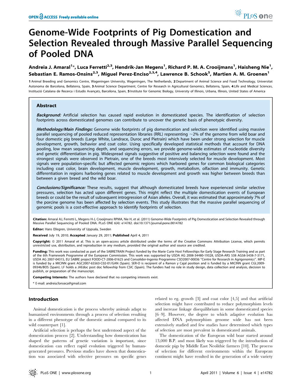 Genome-Wide Footprints of Pig Domestication and Selection Revealed Through Massive Parallel Sequencing of Pooled DNA