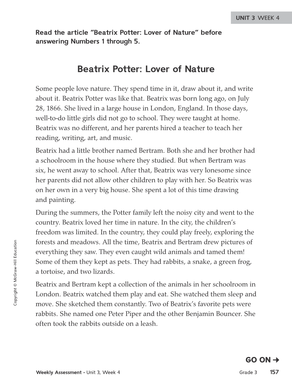 Beatrix Potter: Lover of Nature” Before Answering Numbers 1 Through 5