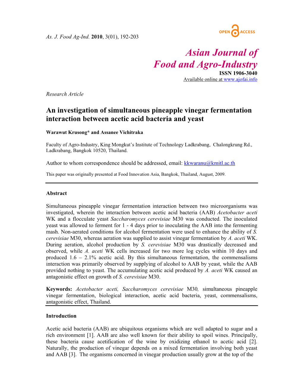 An Investigation of Simultaneous Pineapple Vinegar Fermentation Interaction Between Acetic Acid Bacteria and Yeast