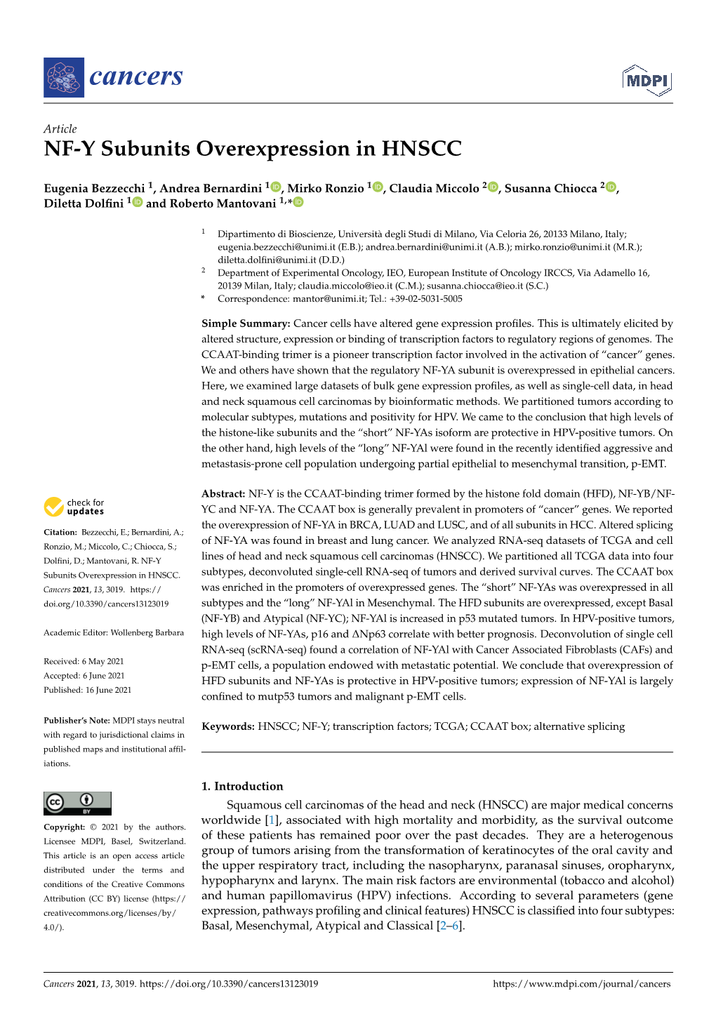 NF-Y Subunits Overexpression in HNSCC