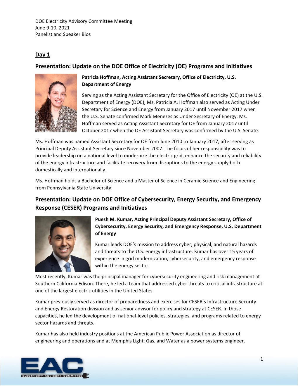 Day 1 Presentation: Update on the DOE Office of Electricity (OE) Programs and Initiatives Patricia Hoffman, Acting Assistant Secretary, Office of Electricity, U.S