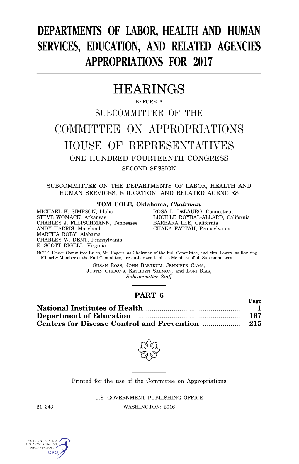 Departments of Labor, Health and Human Services, Education, and Related Agencies Appropriations for 2017