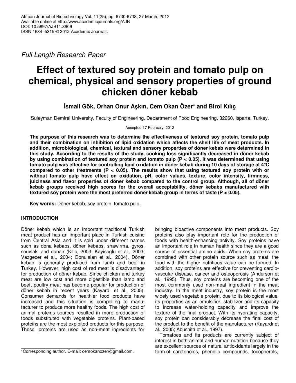 Effect of Textured Soy Protein and Tomato Pulp on Chemical, Physical and Sensory Properties of Ground Chicken Döner Kebab