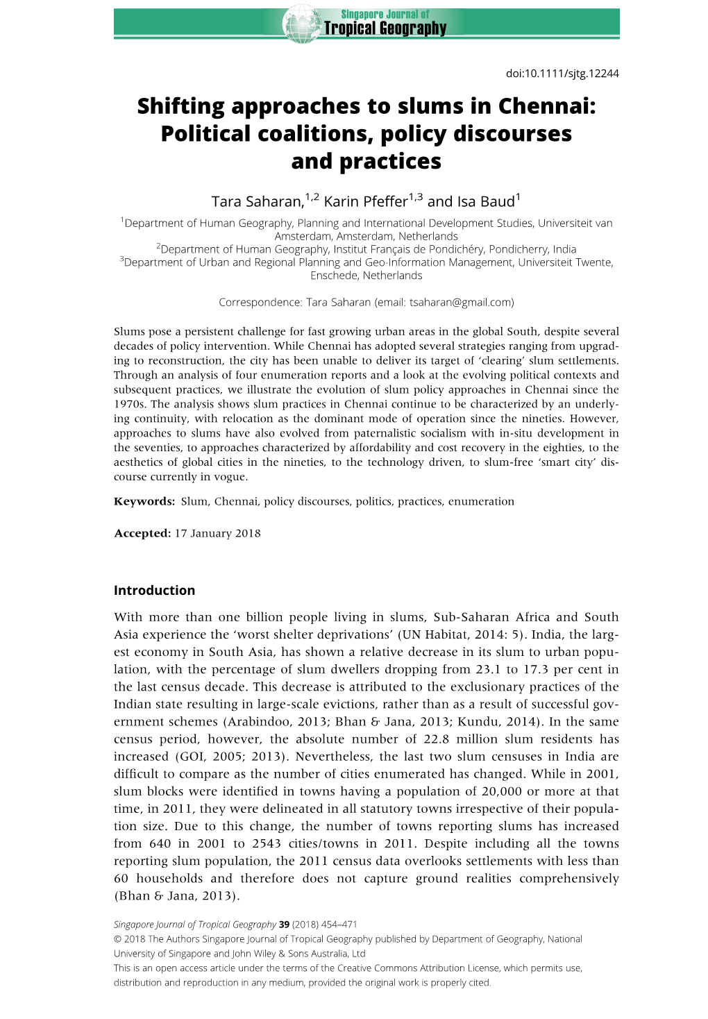 Shifting Approaches to Slums in Chennai: Political Coalitions, Policy Discourses and Practices