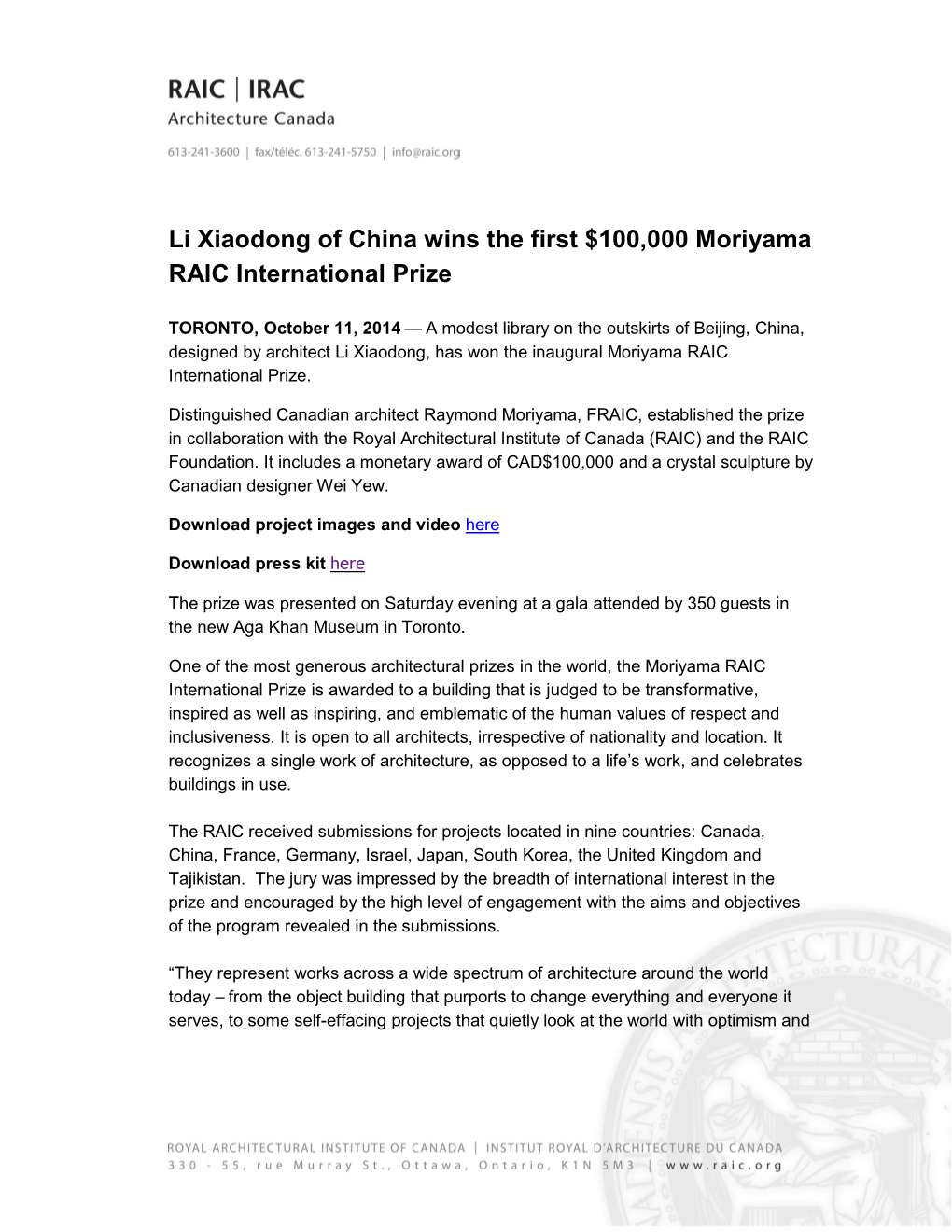 Li Xiaodong of China Wins the First $100,000 Moriyama RAIC International Prize