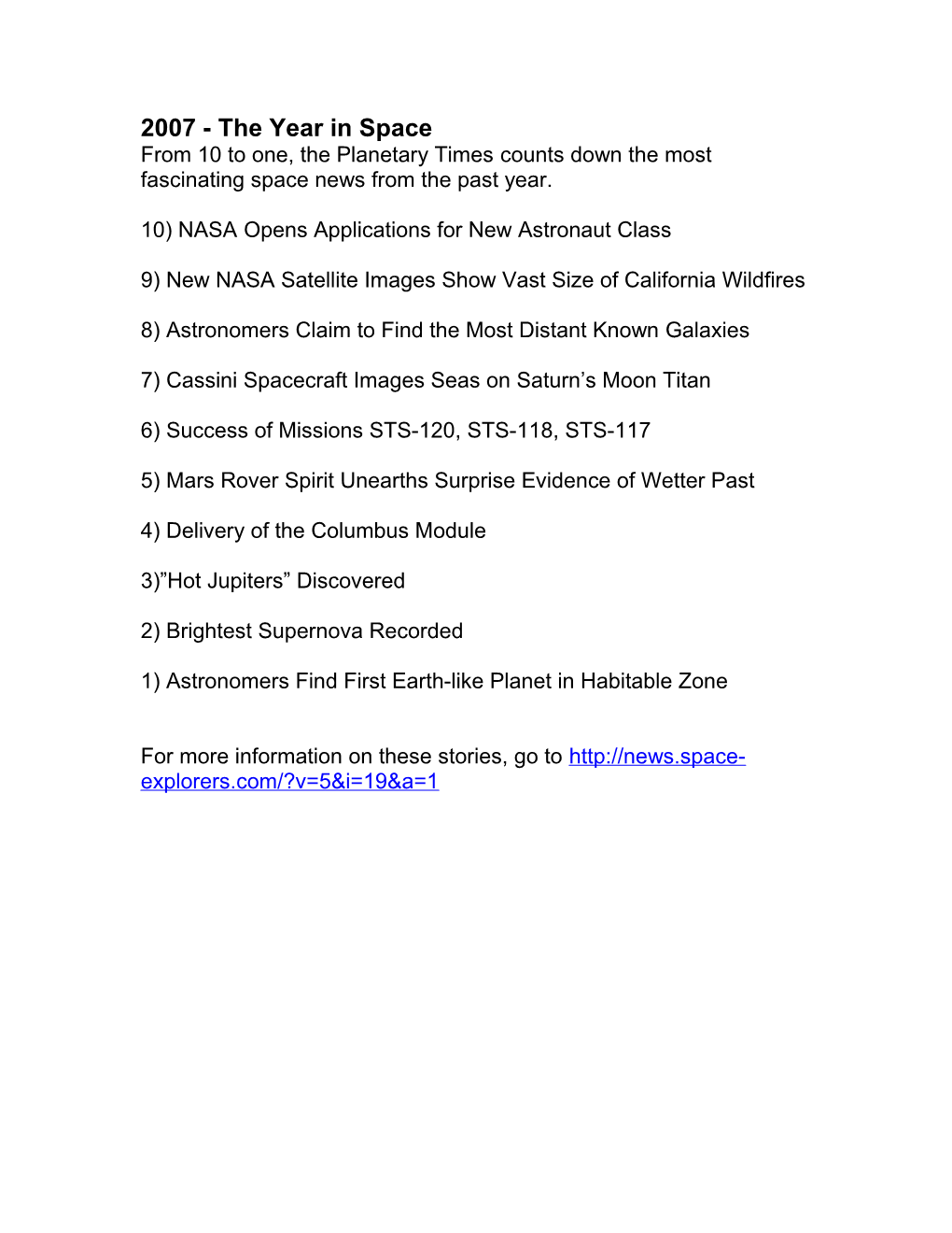 2007 - the Year in Space from 10 to One, the Planetary Times Counts Down the Most Fascinating