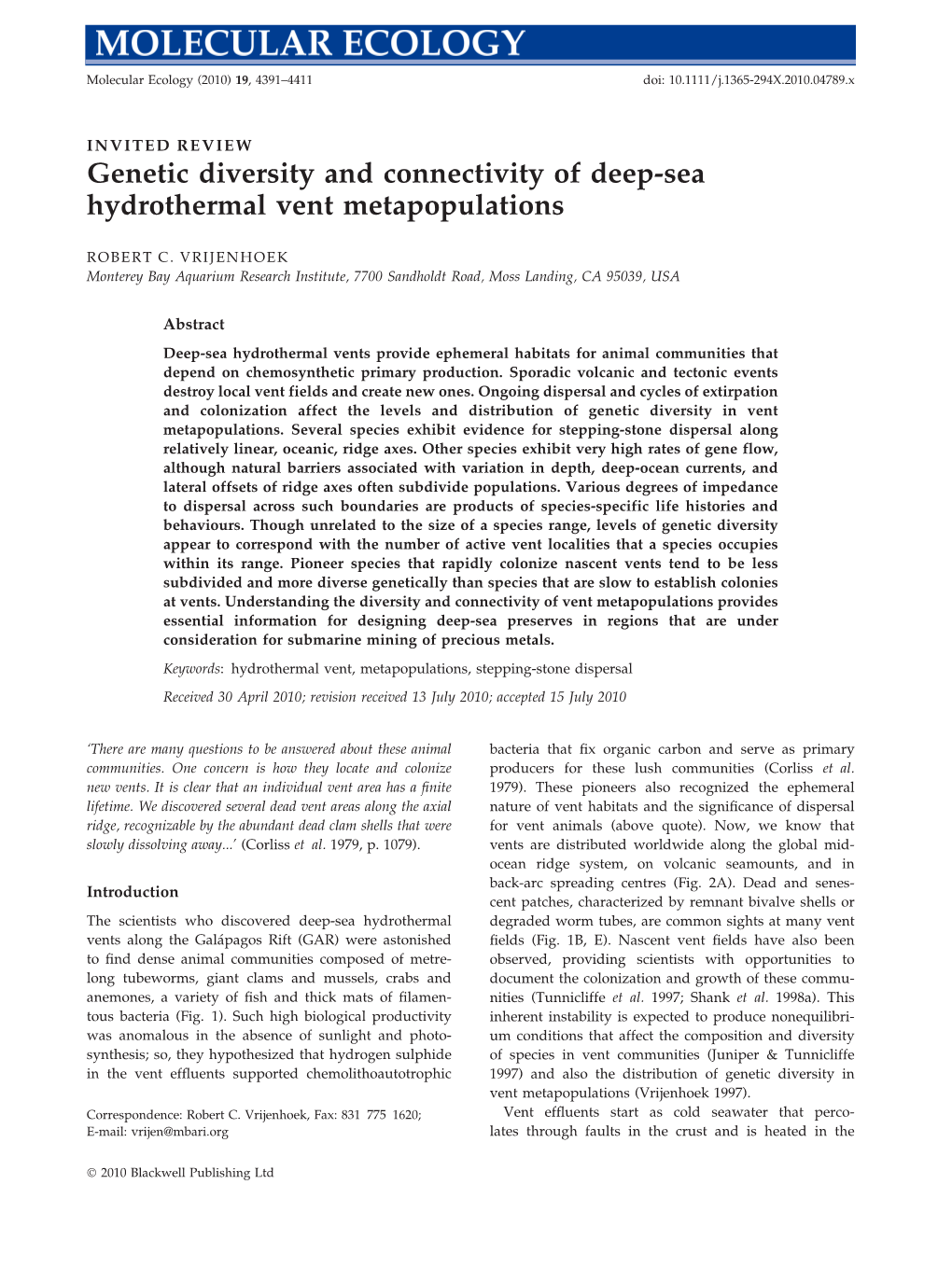 Genetic Diversity and Connectivity of Deepsea Hydrothermal Vent