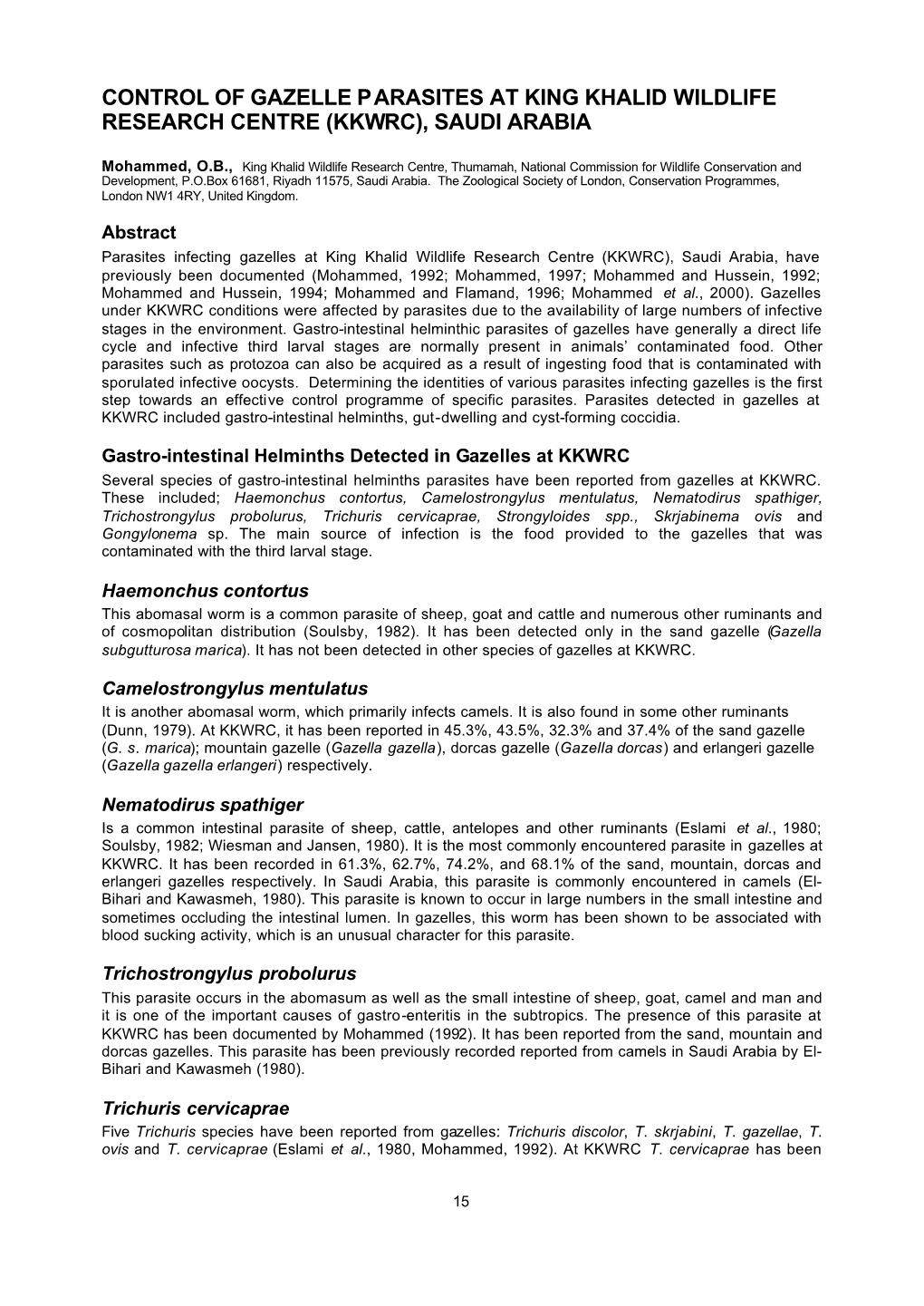 Control of Gazelle Parasites at King Khalid Wildlife Research Centre (Kkwrc), Saudi Arabia