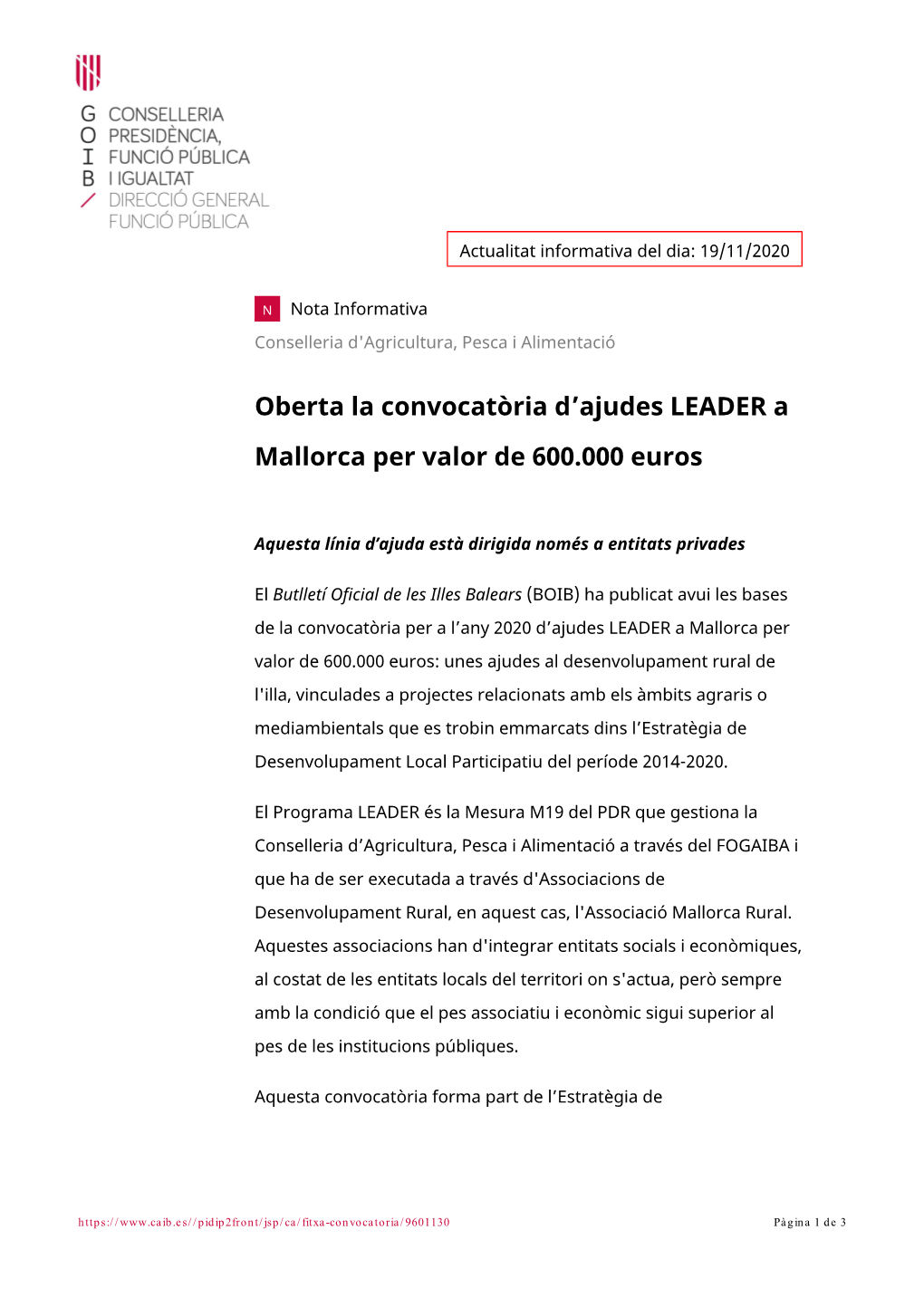 Oberta La Convocatòria D'ajudes LEADER a Mallorca Per Valor De