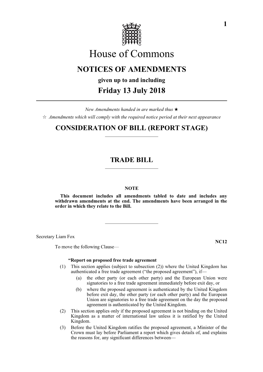 Notices of Amendments As at 13 July 2018