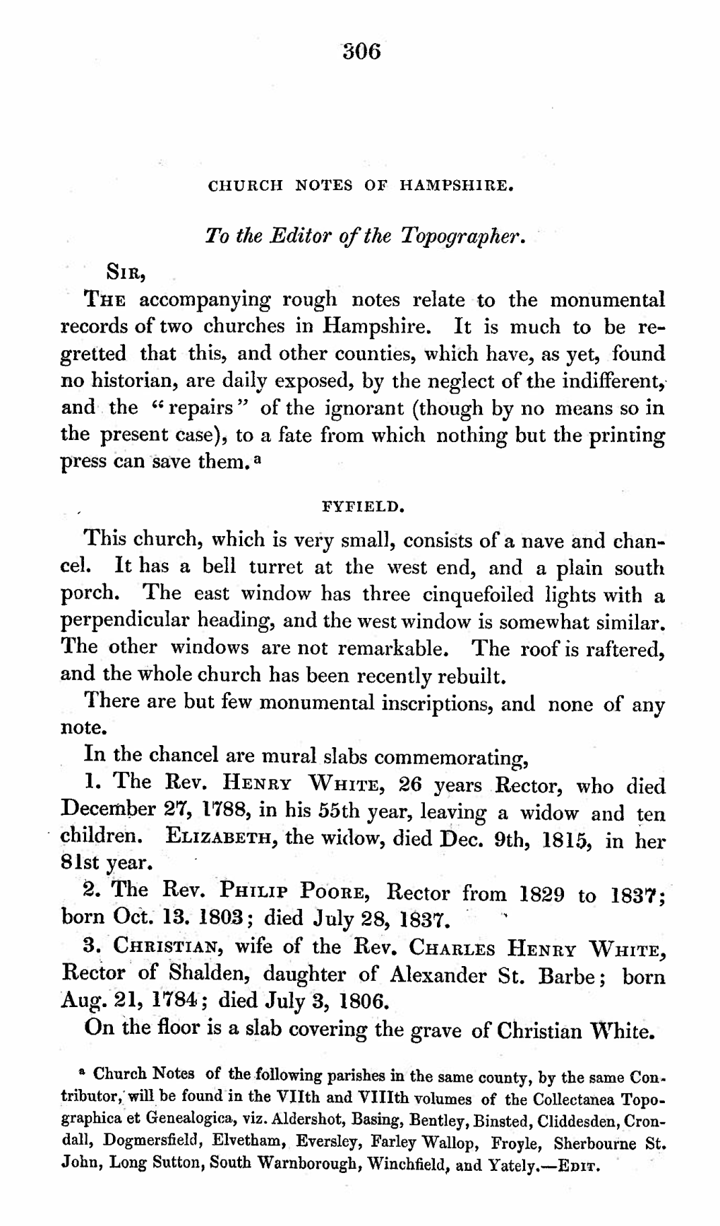 306 CHURCH NOTES of HAMPSHIRE. to the Editor of the Topographer. Tim Accompanying Rough Notes Relate to the Monumental Records O